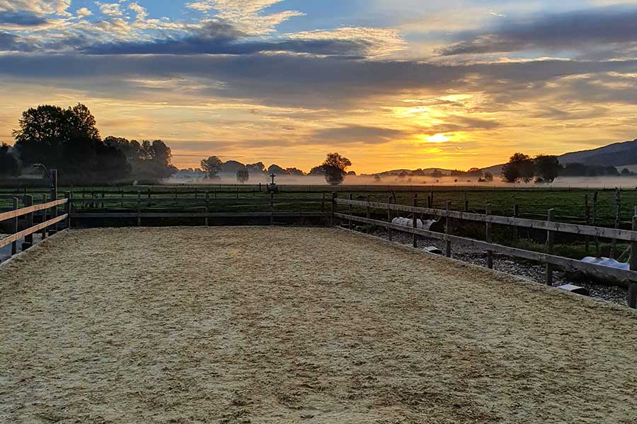 Der TTE® Sandplatz des Therapiehofs Hegau im Sonnenaufgang. Der TTE® Sandplatz des Therapiehofs Hegau im Sonnenaufgang.
